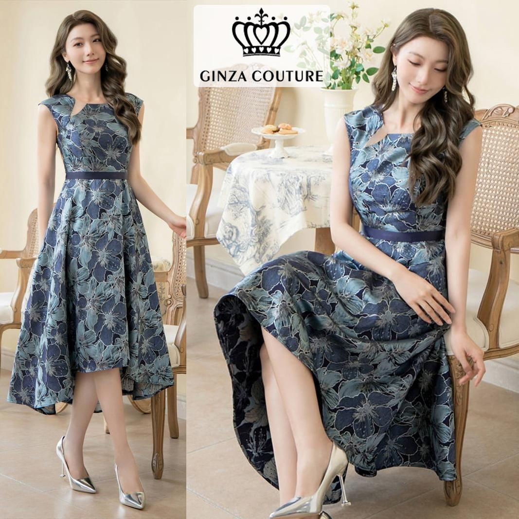 銀座クチュール ERUKEI エルケイ 刺繍デザインアシメトリードレス GINZA COUTURE / 銀座クチュール】フラワー刺繍 Aライン ミディアム