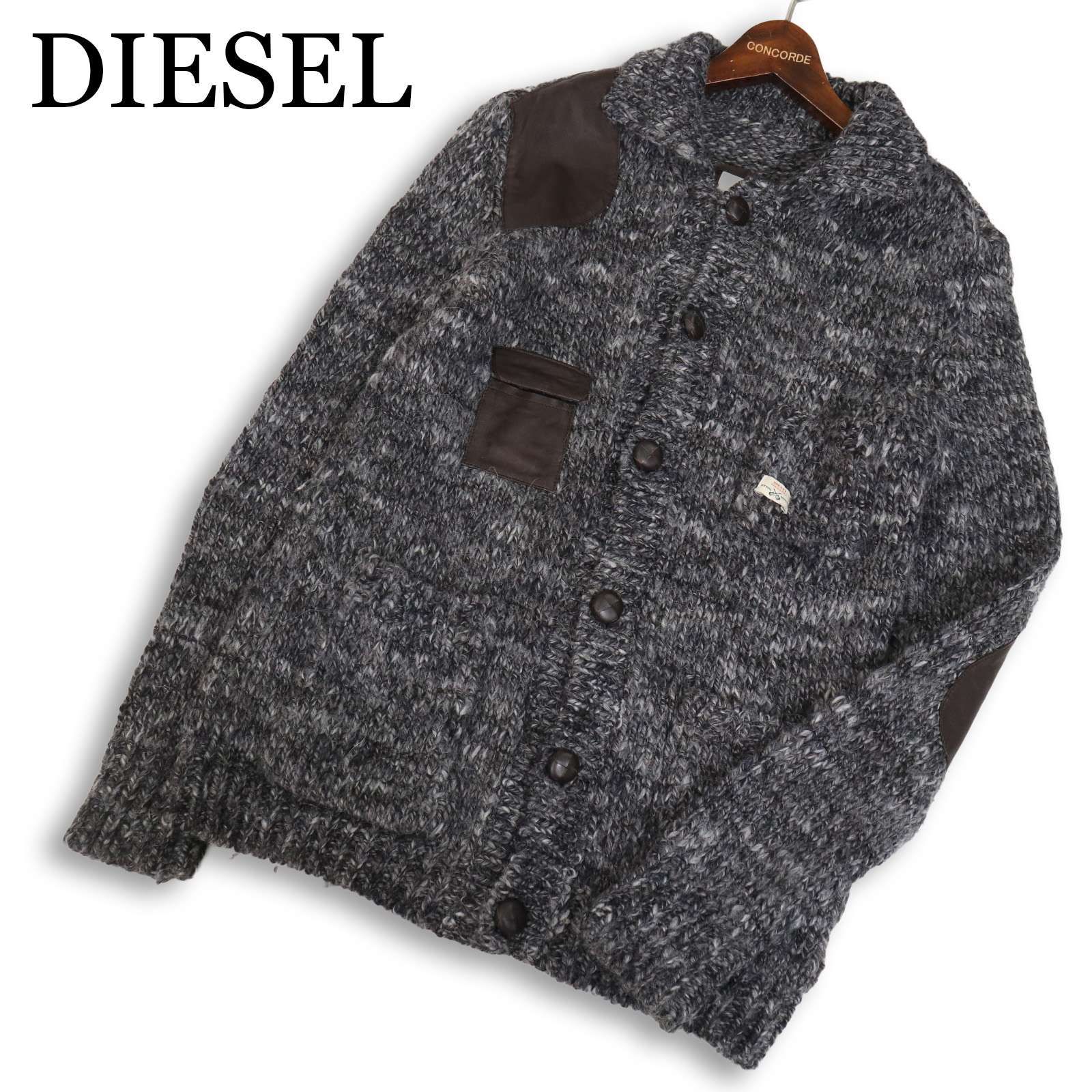 ディーゼル DIESEL カーディガン エルボーパッチ 長袖 ウール L カーキ 
