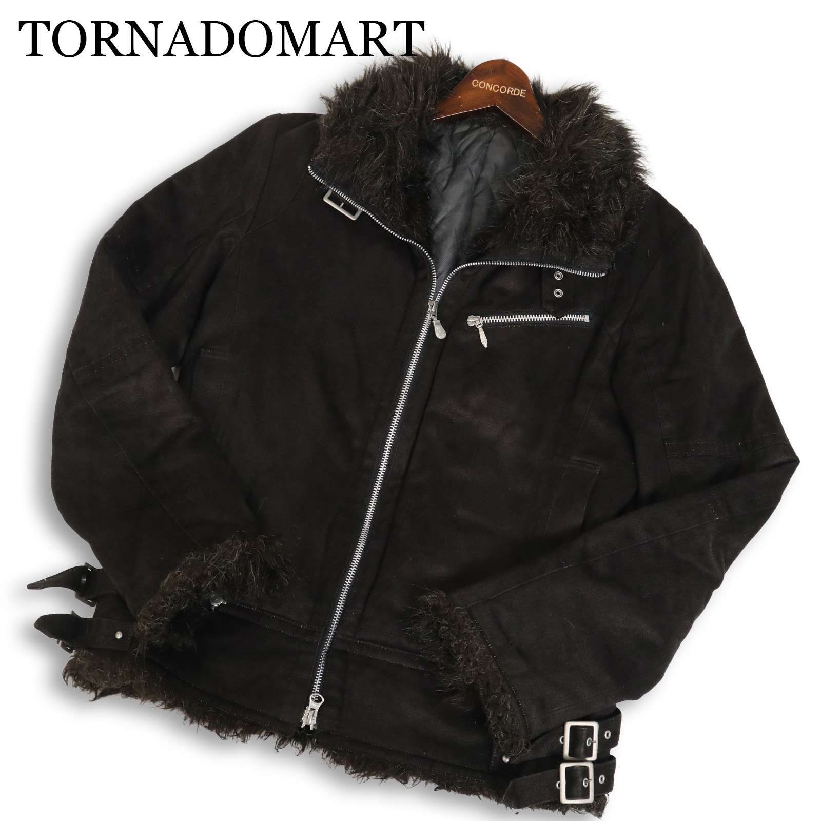 ★美品★ TORNADO MART ファー ダブル ライダース ジャケット 黒 TORNADO MART∴マイクロファーボンディングブルゾン / TORNADO MART