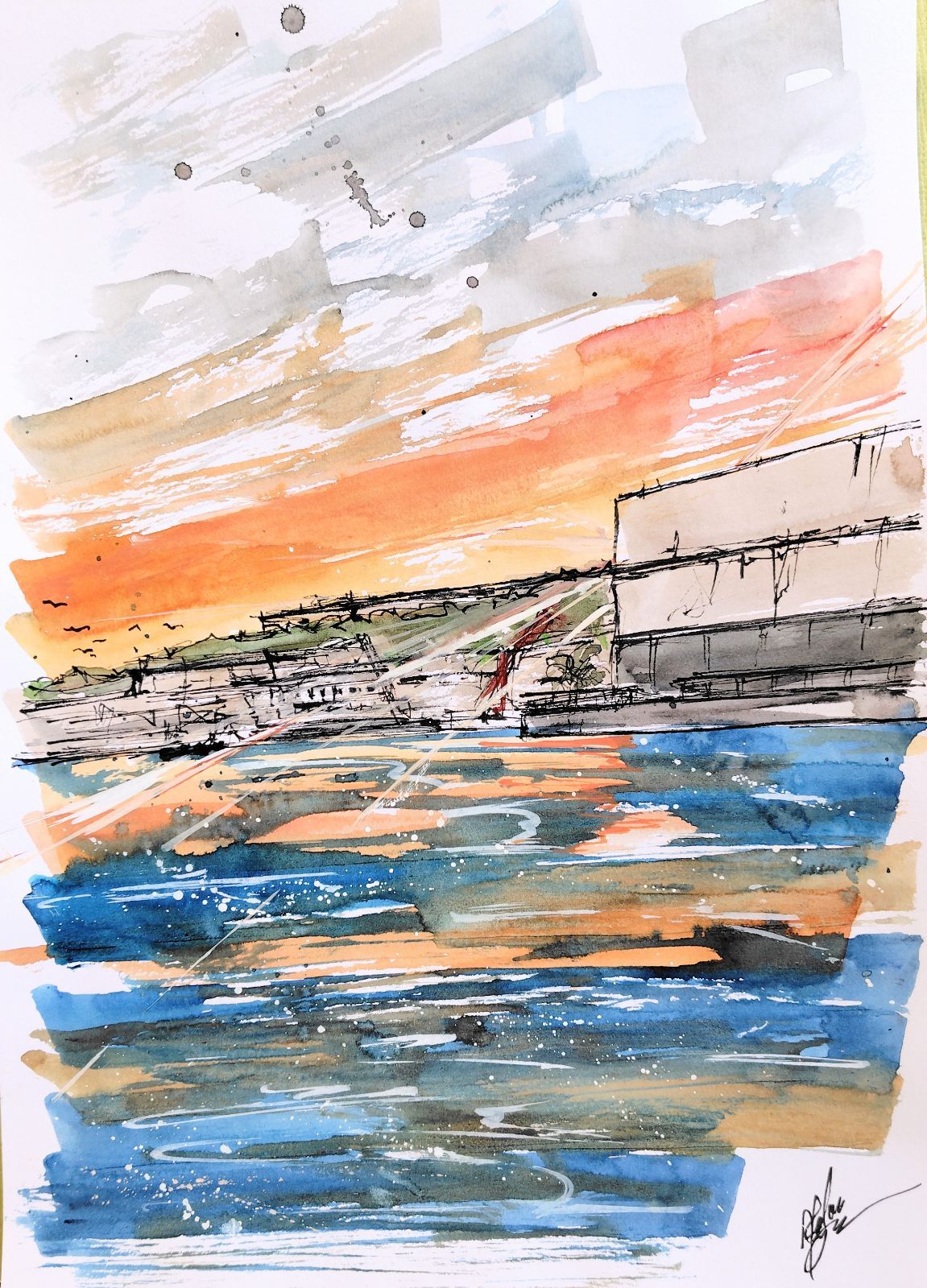 原画#245 夕暮れ 地中海 マルタ共和国 水彩画 ドローイング インテリア