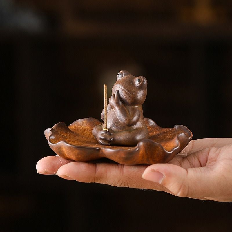 新品?未使用】 香炉 カエル 蓮の葉 ブラウン グリーン リラックス