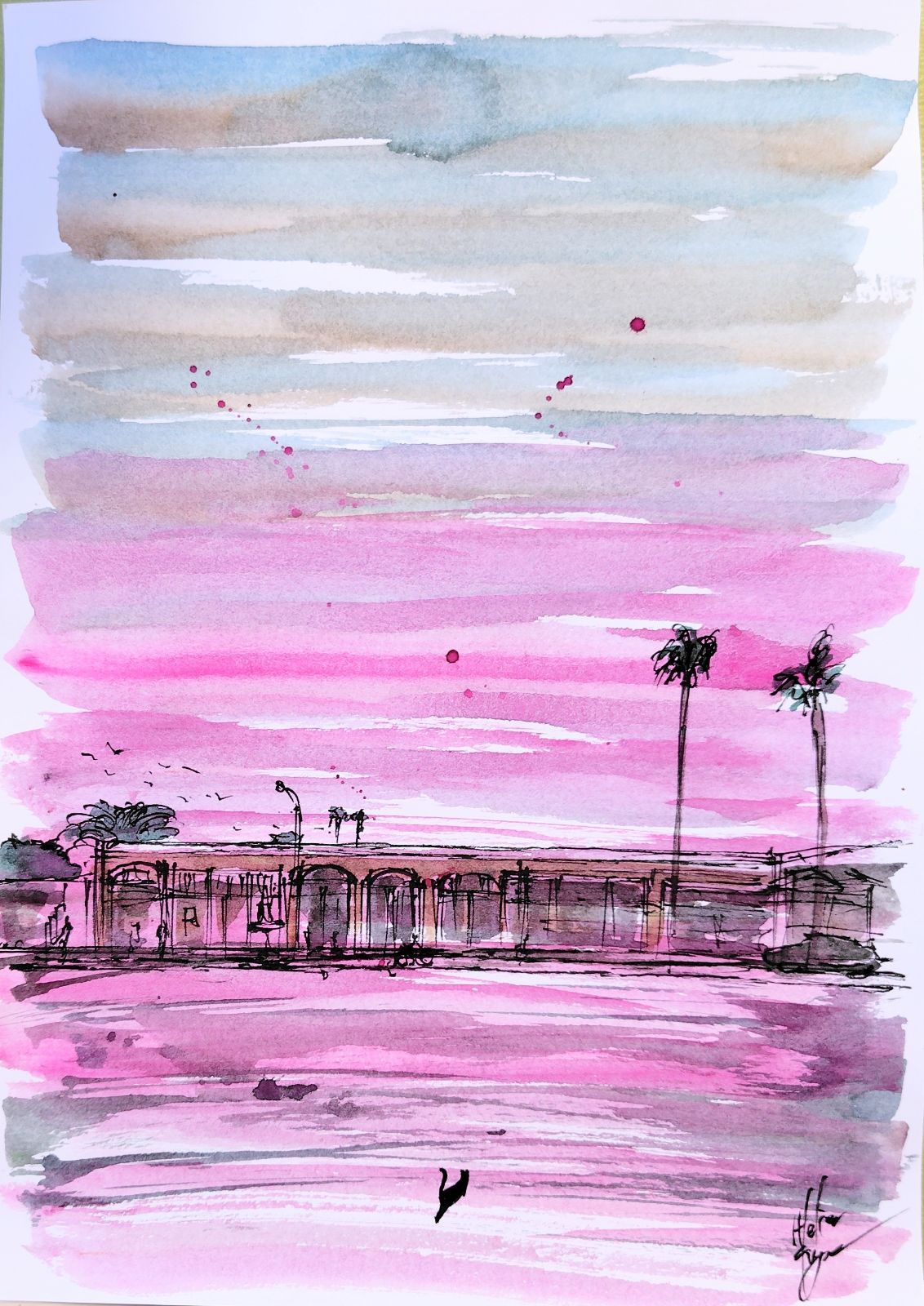 原画#3784 黒猫　マルタ共和国　地中海　水彩画　ドローイング　インテリア　絵 原画#3784 黒猫 マルタ共和国 地中海 水彩画 ドローイング インテリア 絵