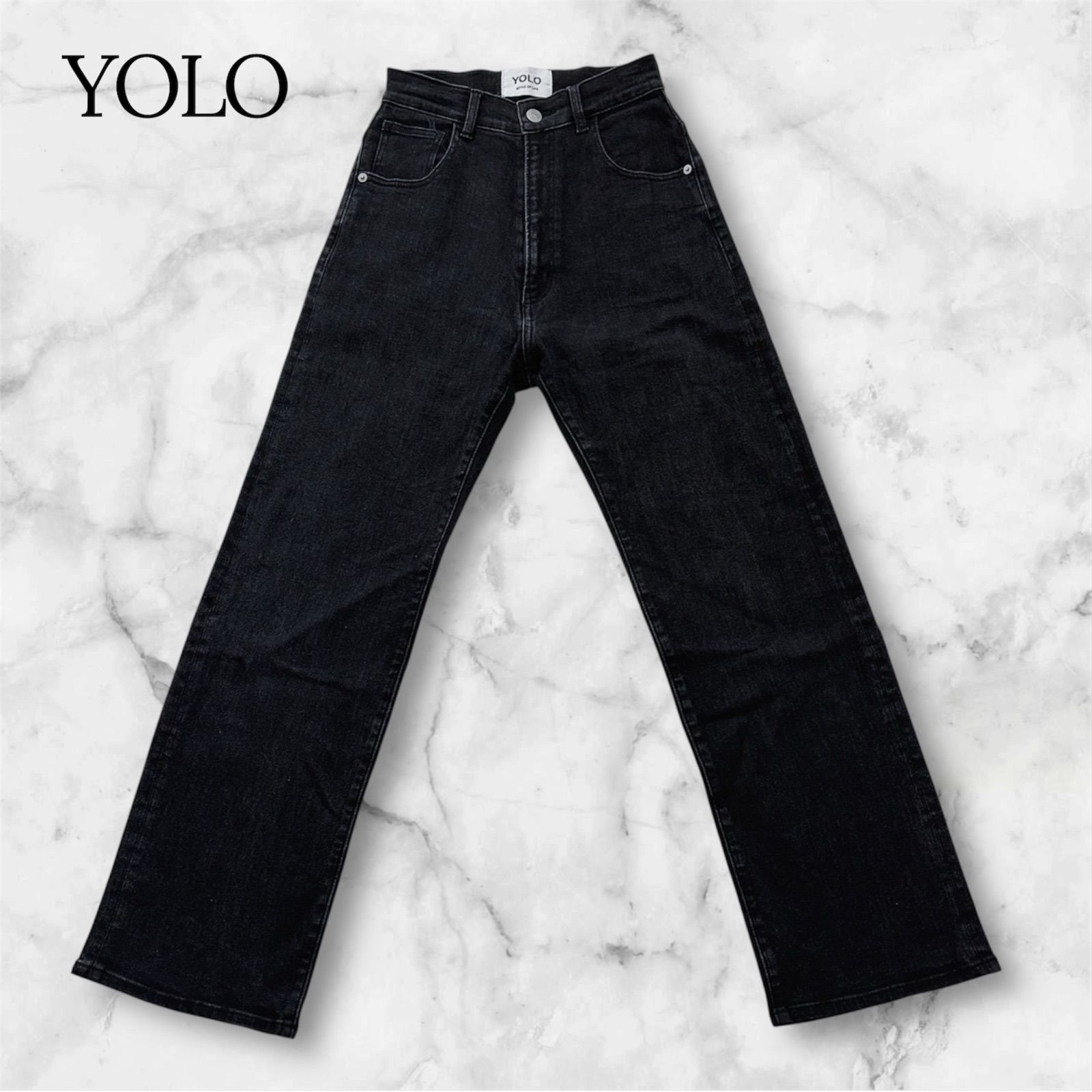 YOLO ブラックデニム パンツ S ストレート 黒デニム ハイウエスト 綿 