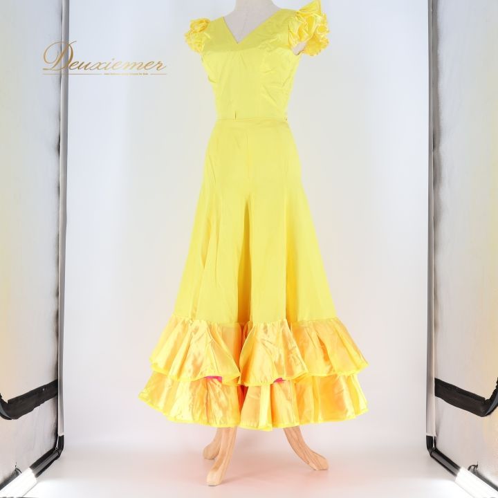 フラメンコ 衣装 ツーピース セットアップ ボランテ フリル 無地 黄色