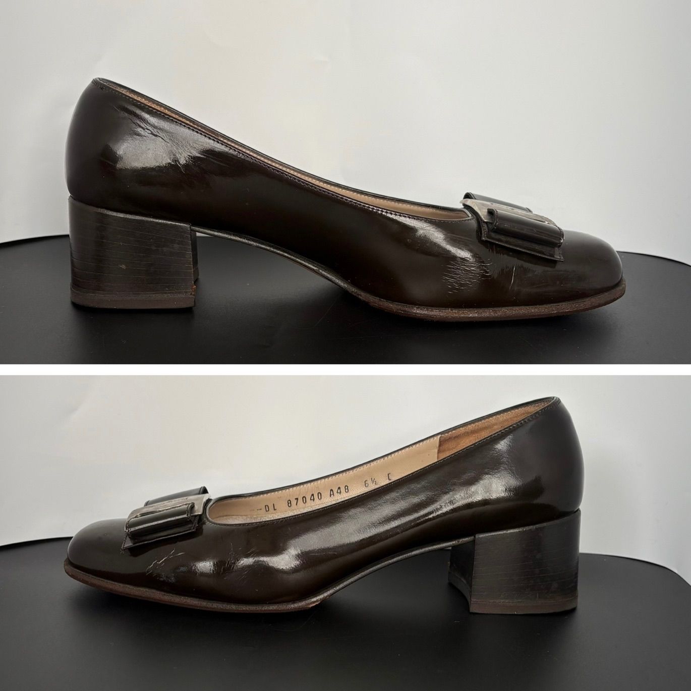 【未使用級】フェラガモ パンプス レザー スクエアトゥ リボン23.5cm FERRAGAMO（フェラガモ） ポインテッド トゥ パンプス リボン ブラック