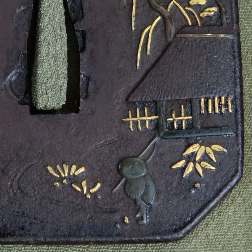 【 太公望図鍔 】 鍔 鐔 鉄地 象嵌 刀装具 武具 骨董 アンティーク 鍔 鐔 鉄地 象嵌 刀装具 武具 骨董 江戸時代【太公望図鍔】