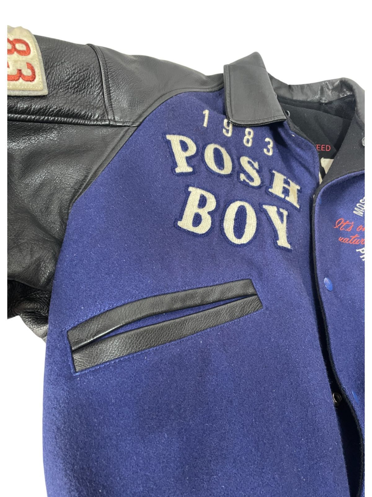 POSH BOY スタジャン フード付きレザー切替 刺繍 ワッペン