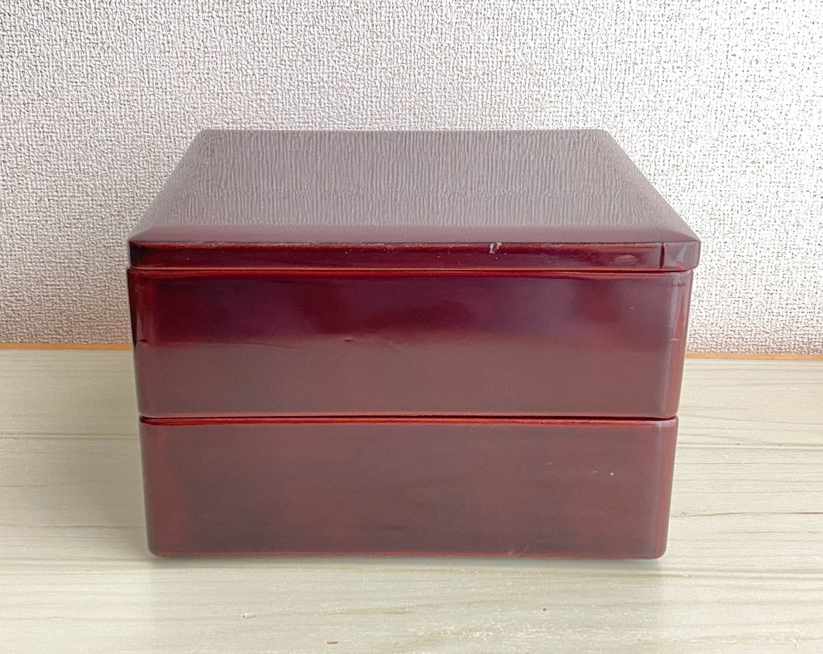 TK186】漆器 二段重箱 幅約21.5cm 高さ約14cm お重 和食器 弁当箱 漆