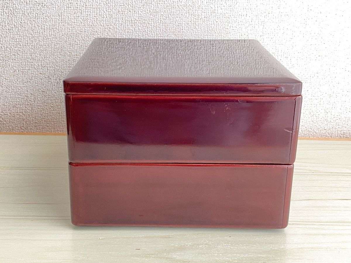 アンティーク　漆器　お重　2段　重箱　骨董 TK186】漆器 二段重箱 幅約21.5cm 高さ約14cm お重 和食器 弁当箱 漆