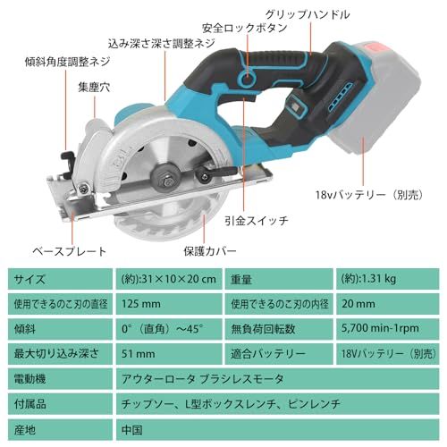  迅速に発送 マルノコ 充電式丸のこ 丸鋸 コードレス 刃経125 mm 軽量 コンパクト充電式丸のこアウターロータ ブラシレス 刃経140 5 5インチ 切り込み深さ51 5700 RPM DIY用 マキタ18 Vバッテリー対応 BL 18 4324 a 648 その他 キッチン 食器