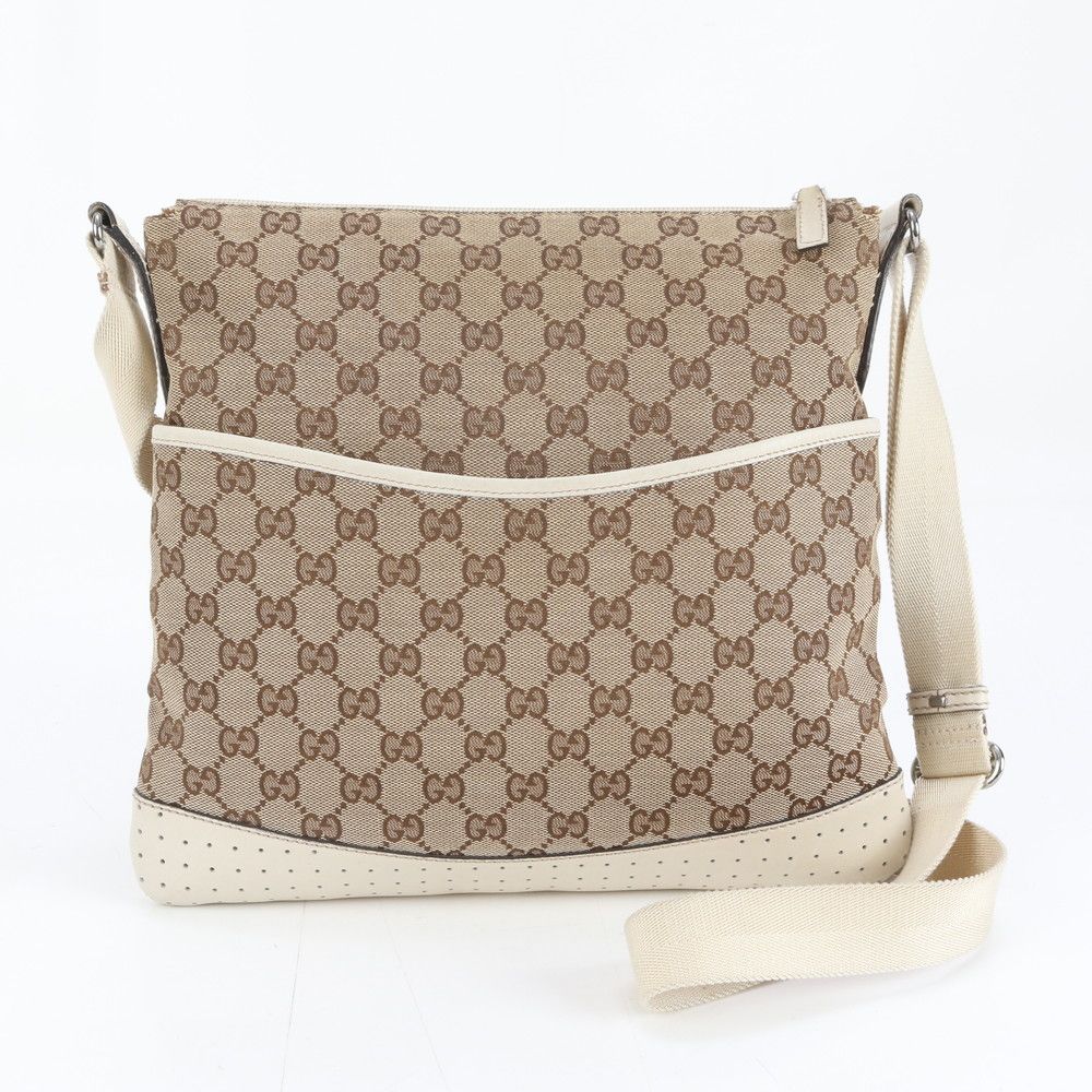 美品 グッチ GG キャンバス 145857 レザー ショルダーバッグ 斜め掛け