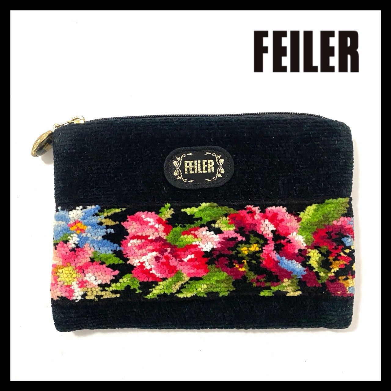 FEILER】ポーチ フラワー/花柄 ブラック/黒 シュニール織り 小物入れ