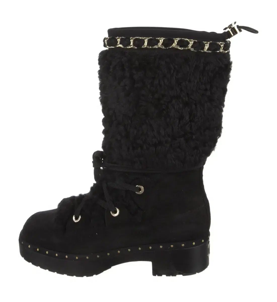 シャネル ブラック ファー ブーツ チェーン 装飾 シアリング