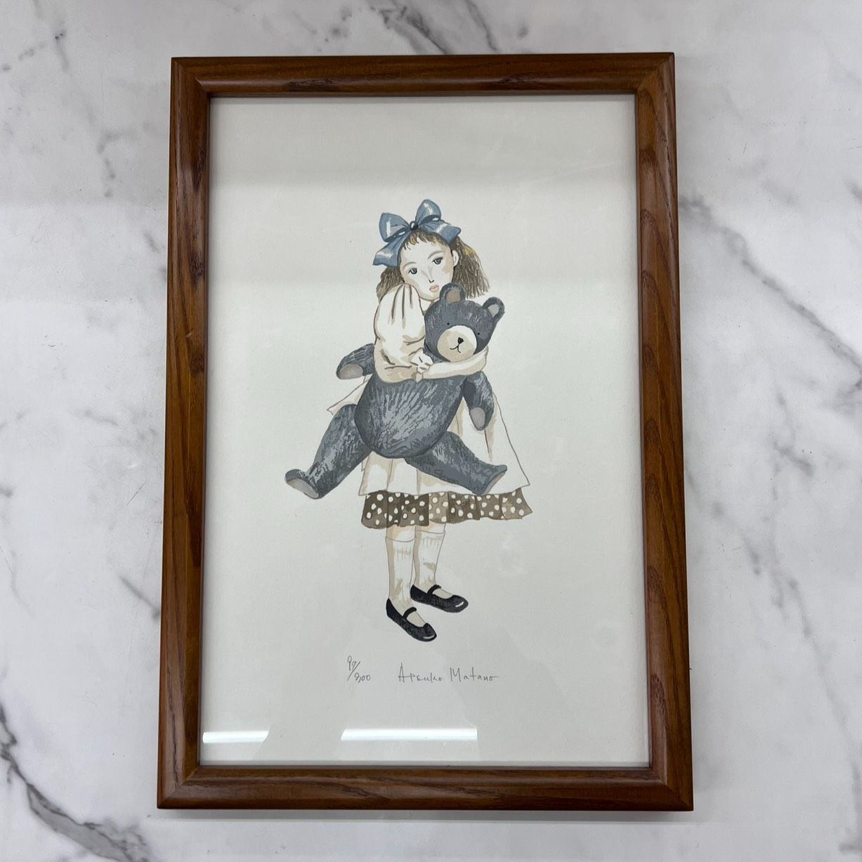 マタノアツコ　絵画 マタノアツコ 俣野温子 「少女とくま」シルクスクリーン サイン入り 97