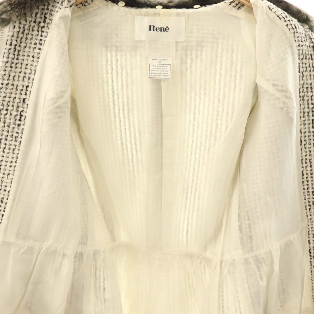 ルネ Rene ×TISSUE レッキスファー襟ツイードコート シルク混 36  