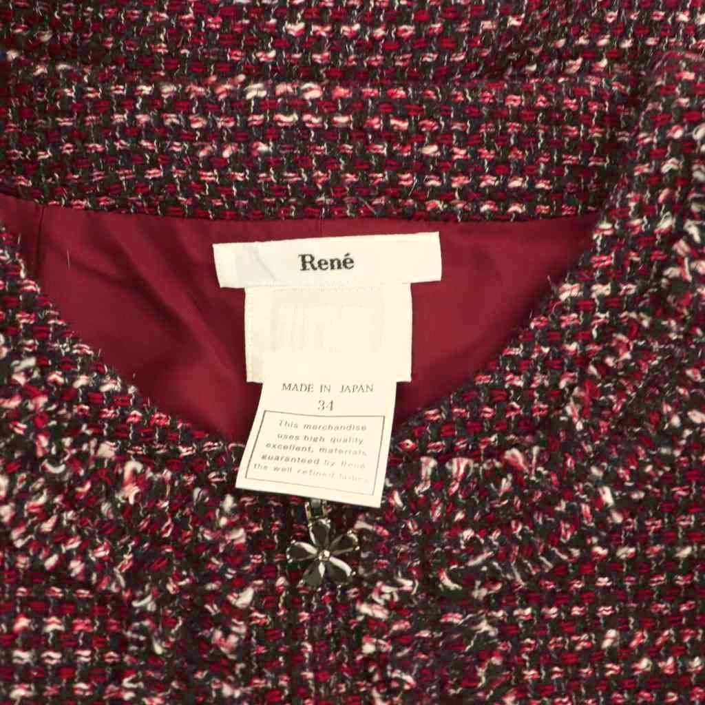 ルネ Rene TISSUE ジップアップ ツイードワンピース 膝丈 34 レッド