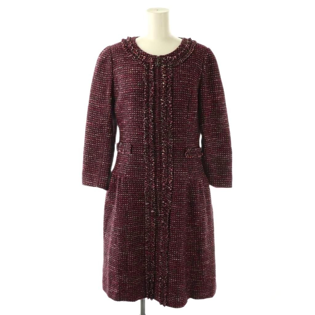 ルネ Rene TISSUE ジップアップ ツイードワンピース 膝丈 34 レッド