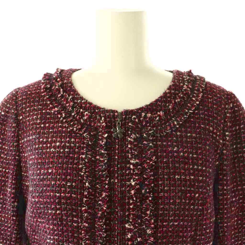 ルネ Rene TISSUE ジップアップ ツイードワンピース 膝丈 34 レッド