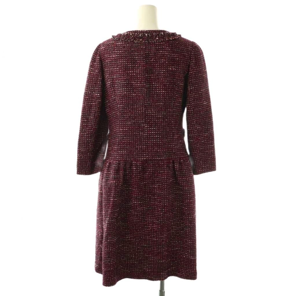 ルネ Rene TISSUE ジップアップ ツイードワンピース 膝丈 34 レッド