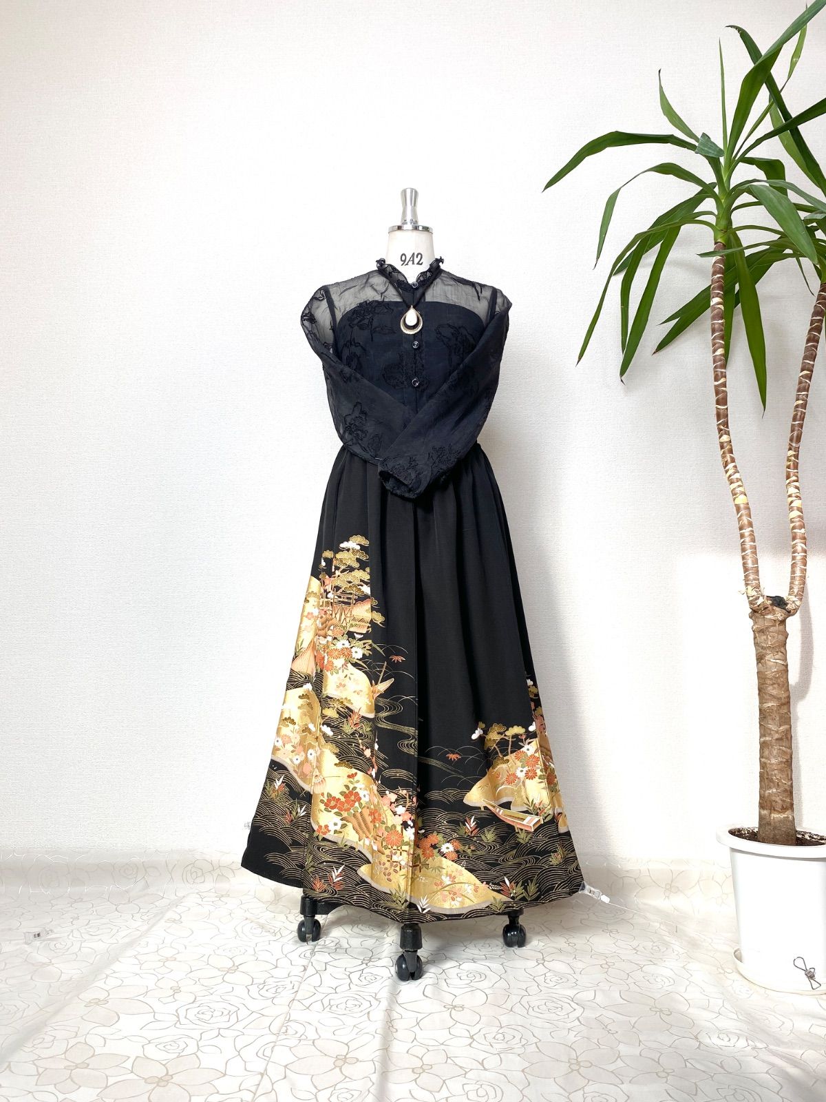 大人可愛いセレブ着物スカートフリーサイズ黒留袖着物リメイクウエスト