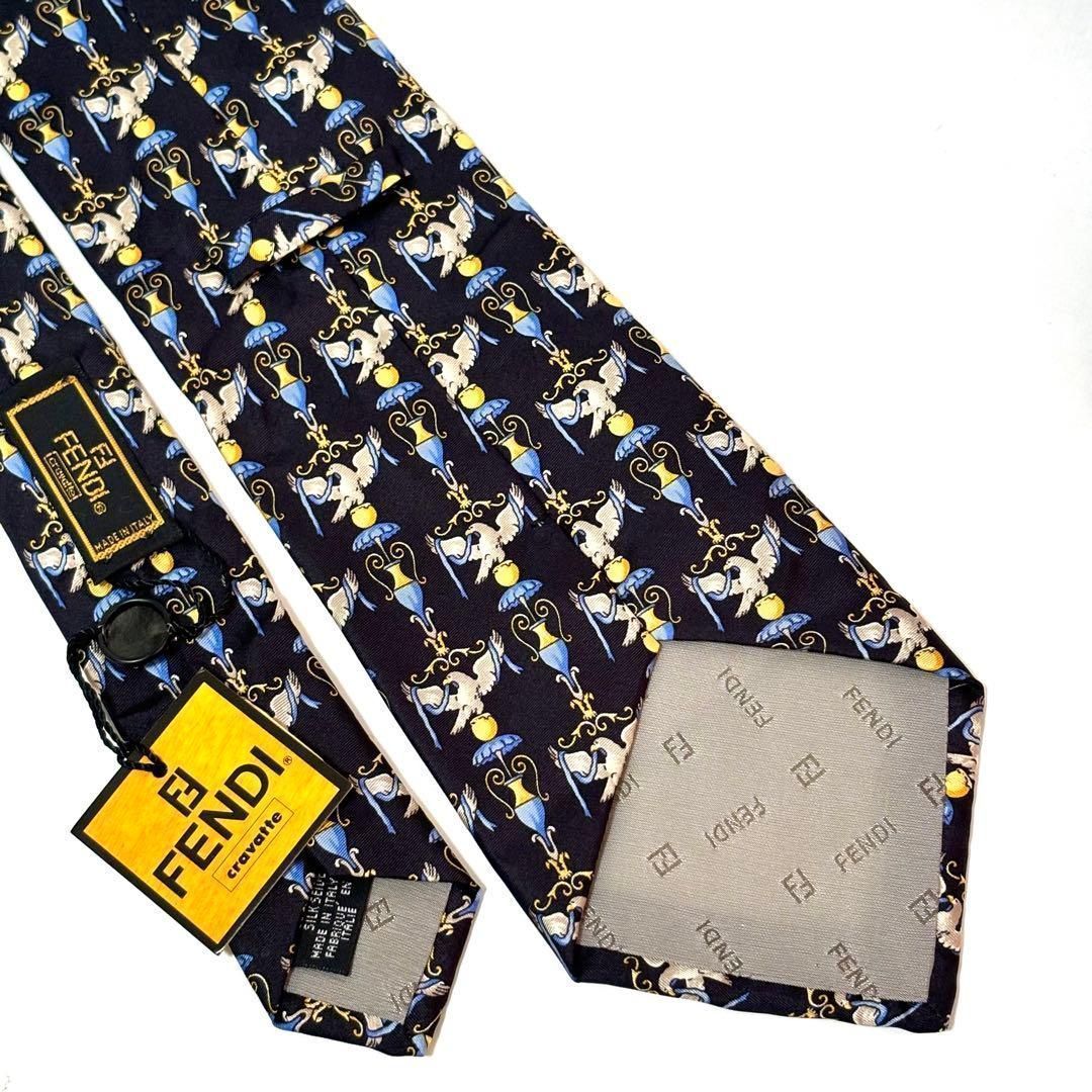 フェンディ ブランド ネクタイ ダークネイビー 濃紺 鳥 シルク 未使用