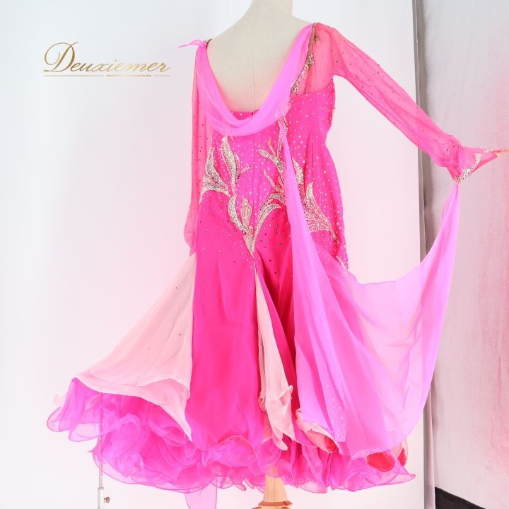 ピンク フリル付き社交ダンスドレス　着丈120 社交ダンス 衣装 スタンダード ドレス スタンダードドレス ワンピース