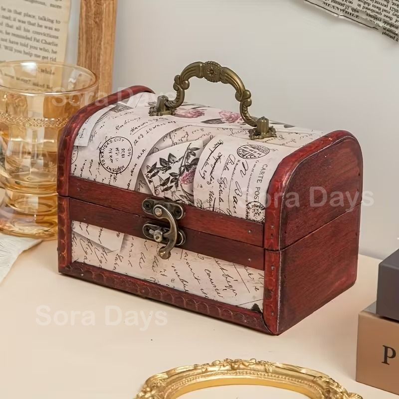 小物入れ ジュエリーボックス 手紙柄 持ち手付き ヴィンテージ風