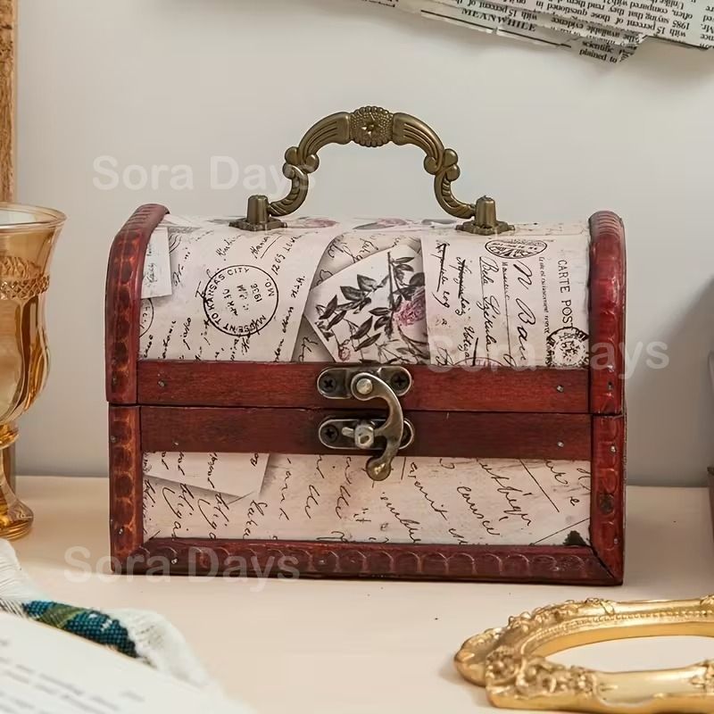 ヴィンテージ 北欧雑貨　小物入れ 小物入れ ジュエリーボックス 手紙柄 持ち手付き ヴィンテージ風