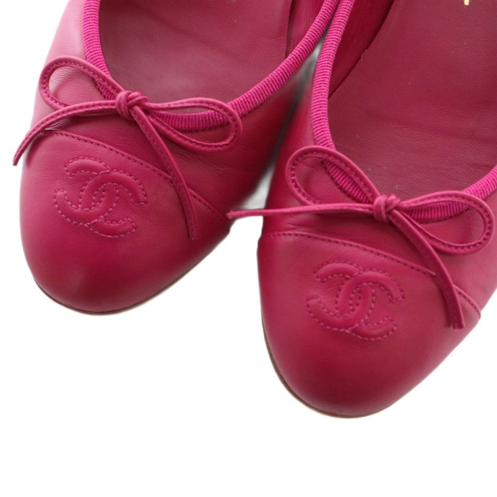 CHANEL ピンク バレエシューズ 37½C シャネル CHANEL バレエシューズ ココマーク ラムスキン リボン 37.5