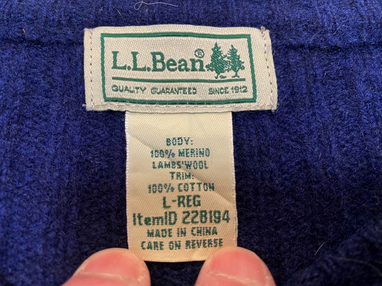 L.L.Bean メリノラムズウール コマンドセーター L-REG 紺 USA古着 リブニット