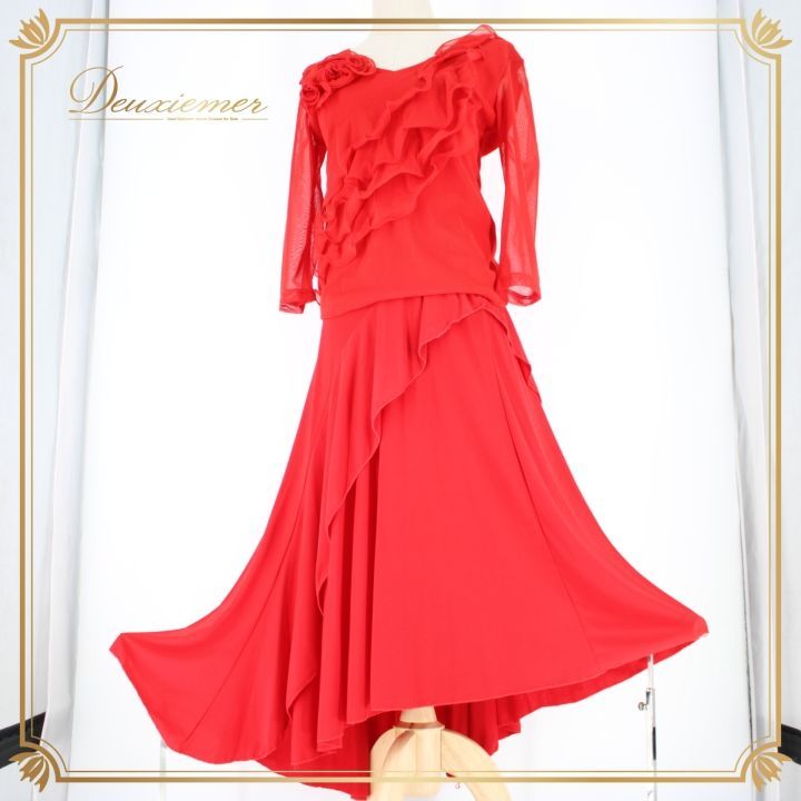 社交ダンス★新作★レッスンウェア★オリジナル★赤2点セット 社交ダンス 衣装 スタンダード 上下セット ツーピース レッスンウェア