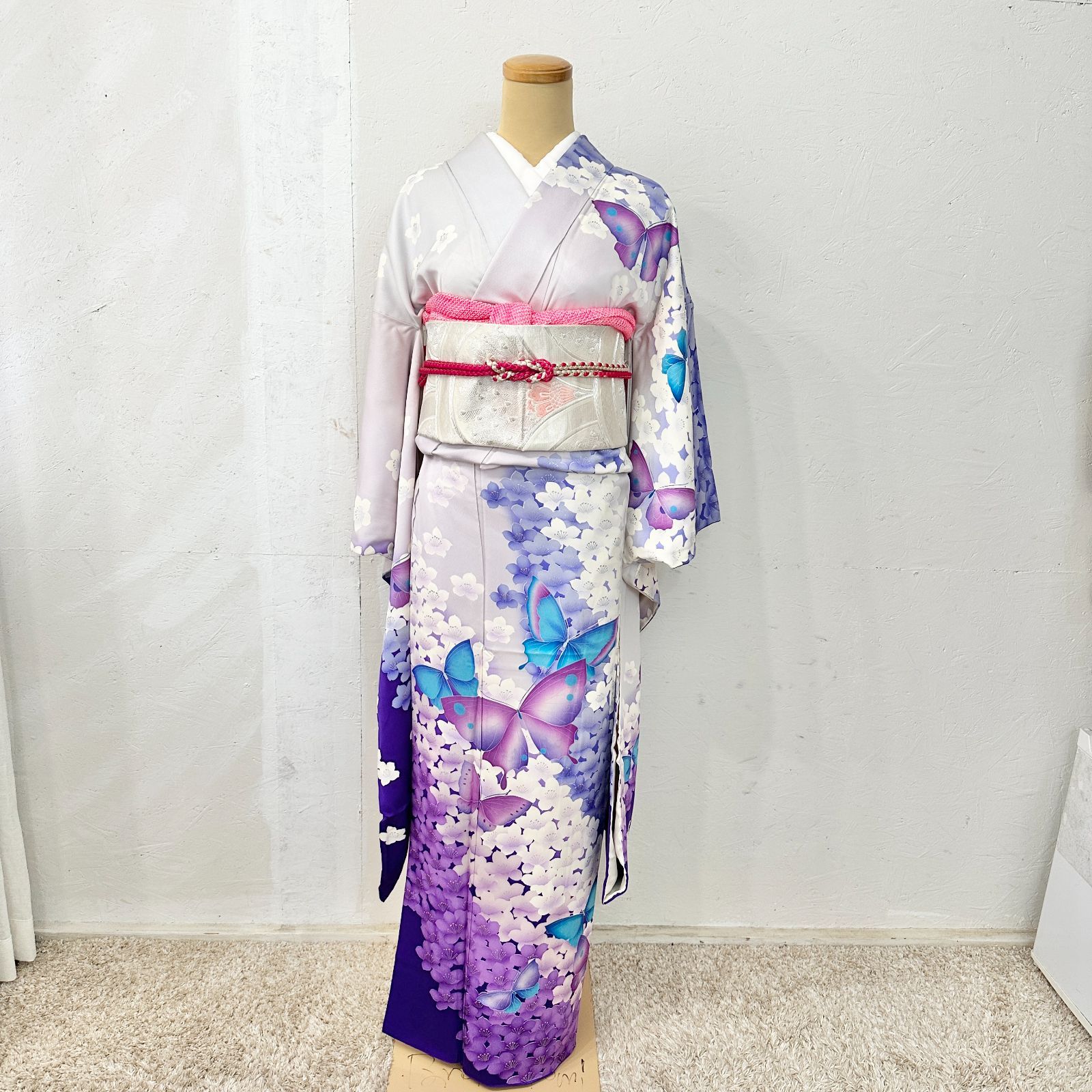 成人振袖 6点セット 振袖セット 振袖一式 紫色 青色 淡い藤色 蝶