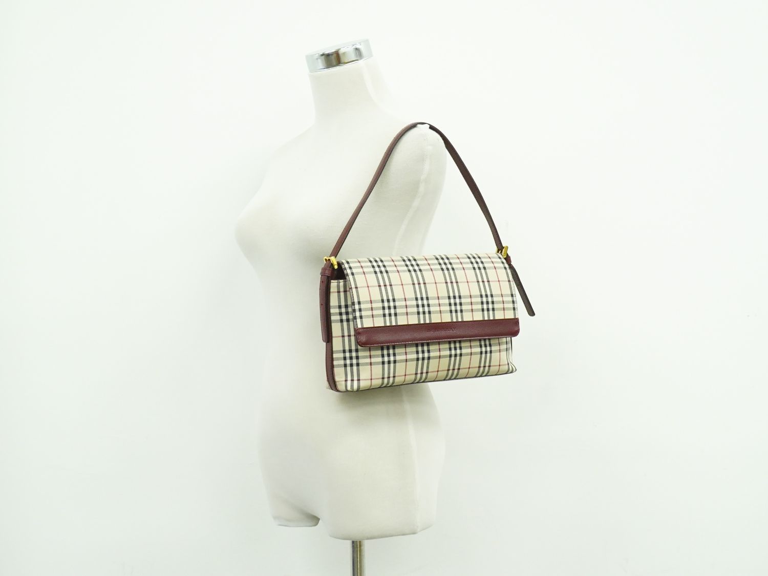 本物 バーバリー BURBERRY ノバチェック チェック ショルダーバッグ キャンバス ベージュ ボルドー バッグ 中古・ 本物 バーバリー BURBERRY ノバチェック チェック ショルダーバッグ