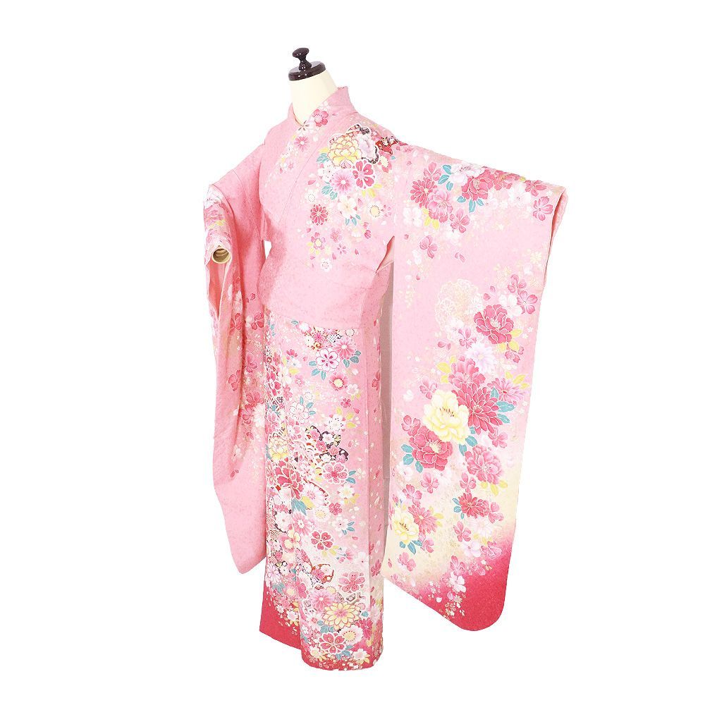 振袖 袷 正絹 ピンク 黄色 赤 暈し 銀糸通し 牡丹 菊 桜 Mサイズ