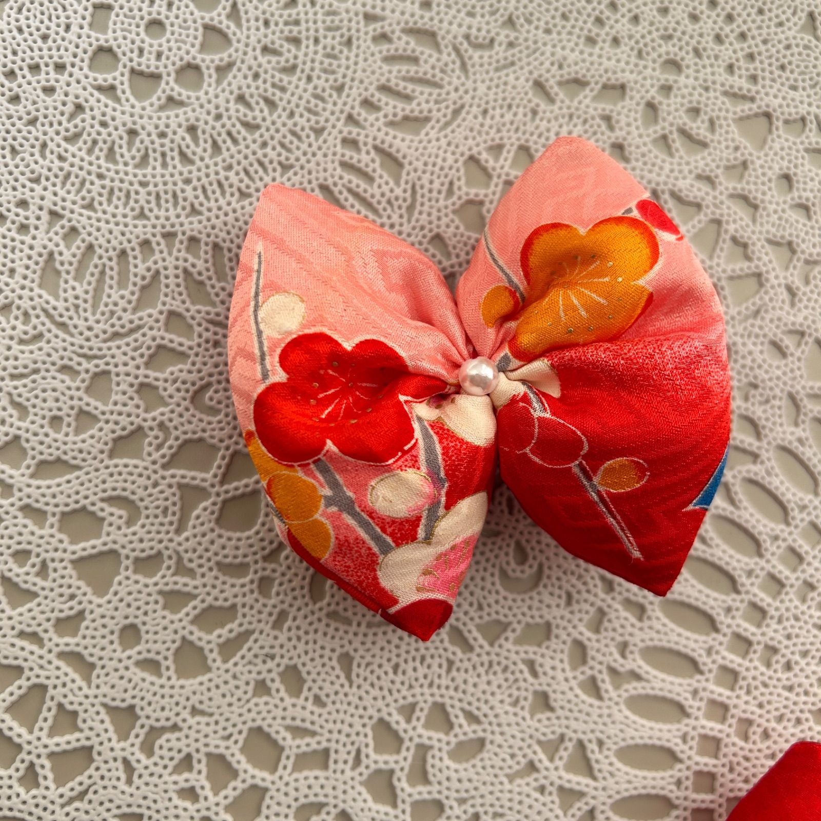 A06 七五三 髪飾り ヘッドドレス リボン 着物リメイク 撮影 赤 朱色 梅