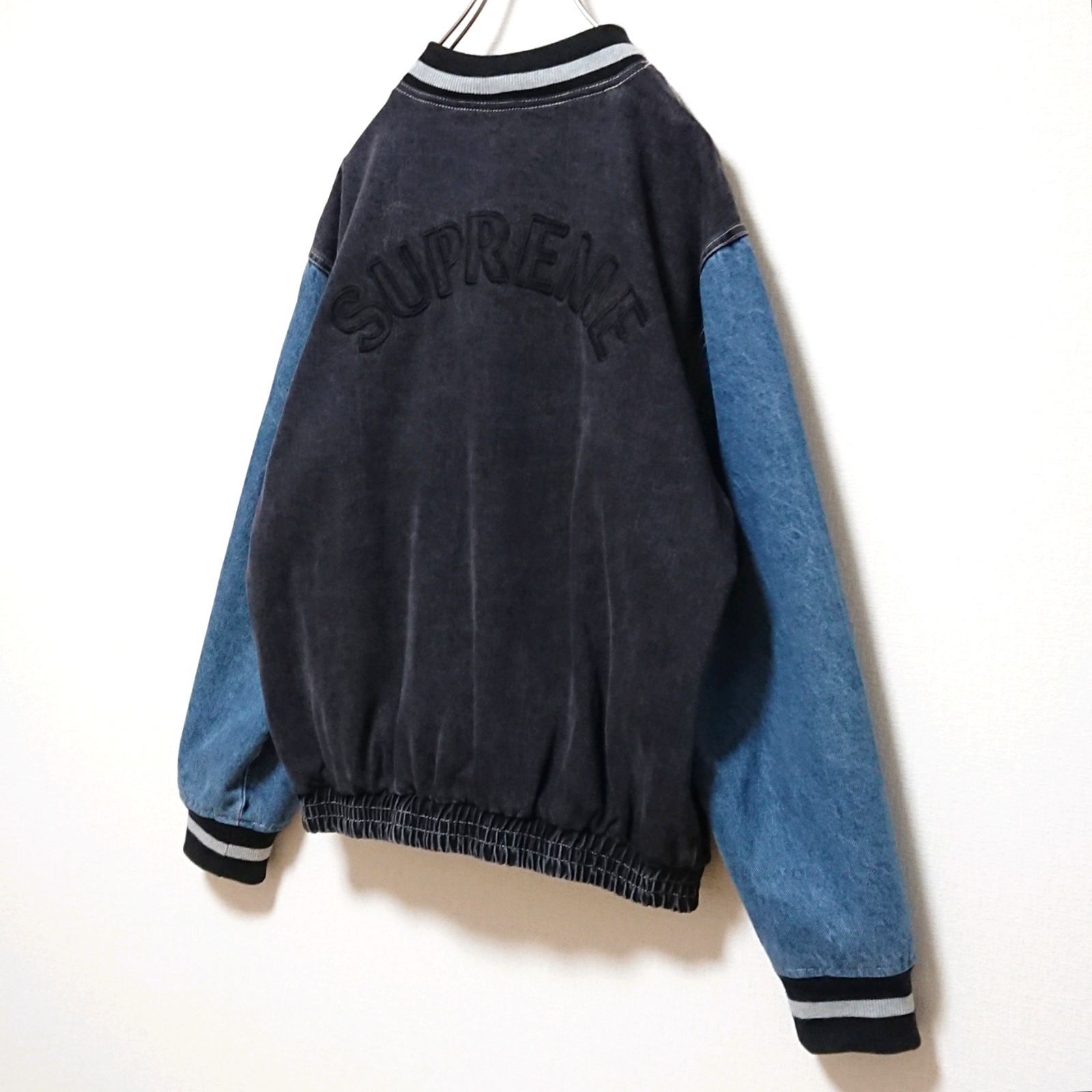 人気☆シュプリーム 刺繍ロゴ 襟切替 裏地チェック フード付 デニム