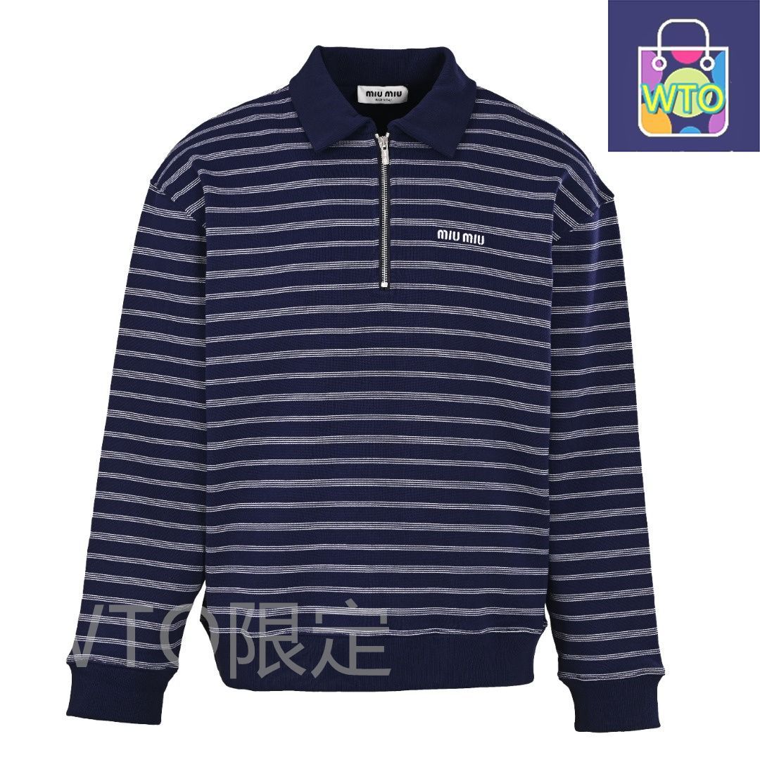 今日特価】Miu Miu ミュウミュウ 縞柄ハーフジッパーPOLOウェア