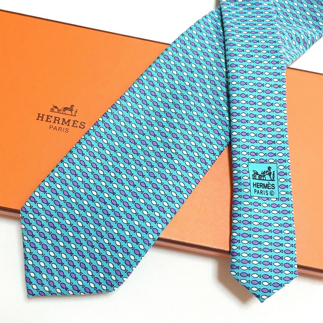 未使用級 エルメス HERMES ネクタイ シルク100% ライトブルー