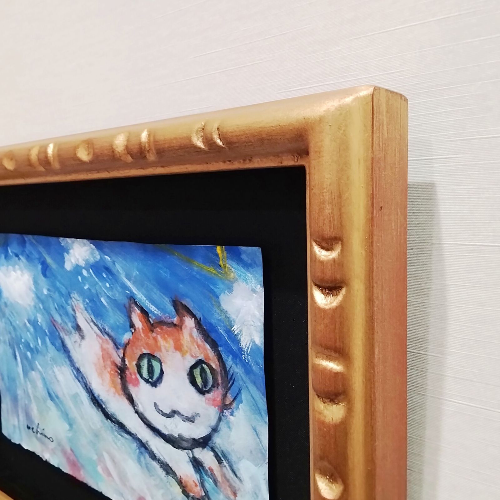 内野隆文 雨とネコダッシュ 絵画 アンティークペーパーにアクリル 現代