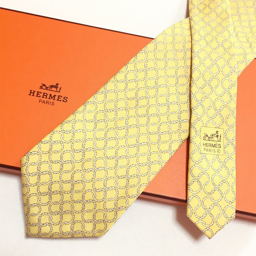 エルメス ネクタイ HERMES 未使用級 シルク100% ゴールド 黄色系