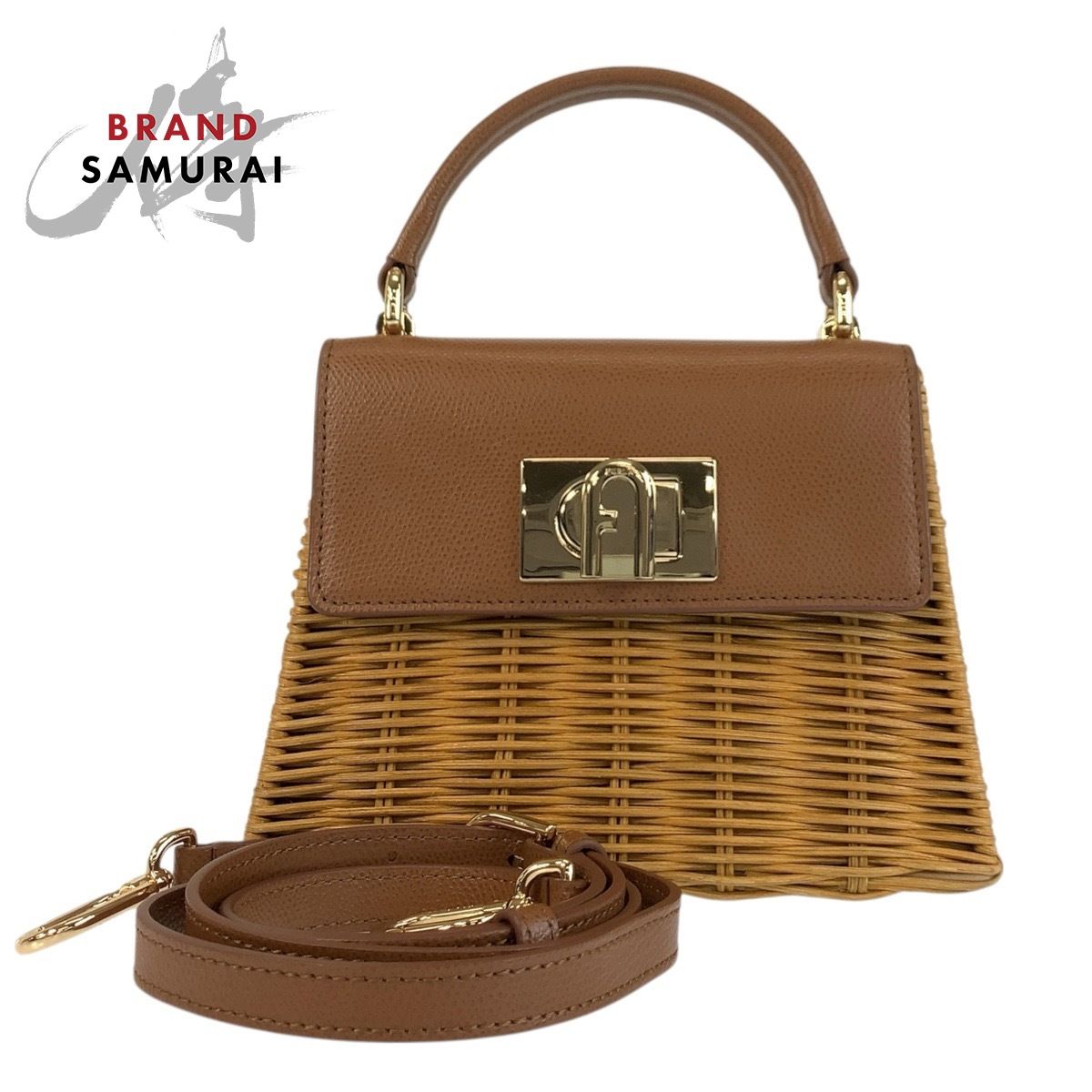 美品 Furla フルラ 1927 ブラウン ベージュ ゴールド金具 ラタン