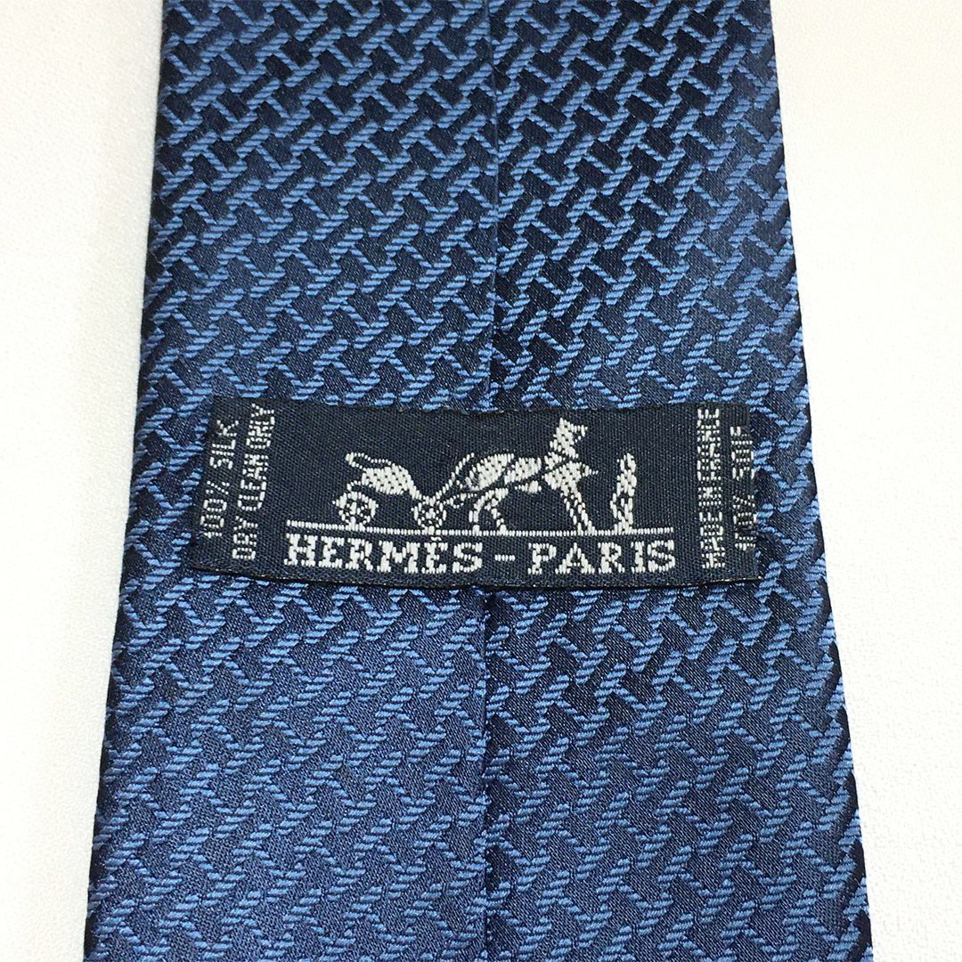 未使用級 エルメス HERMES ネクタイ シルク100% ネイビー / ブルー H柄