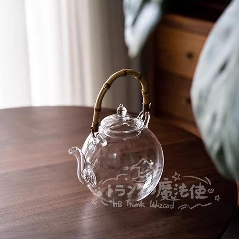 大特価人気商品☆ガラスケトル900ml?耐熱ガラス?竹の持ち手?まんまる