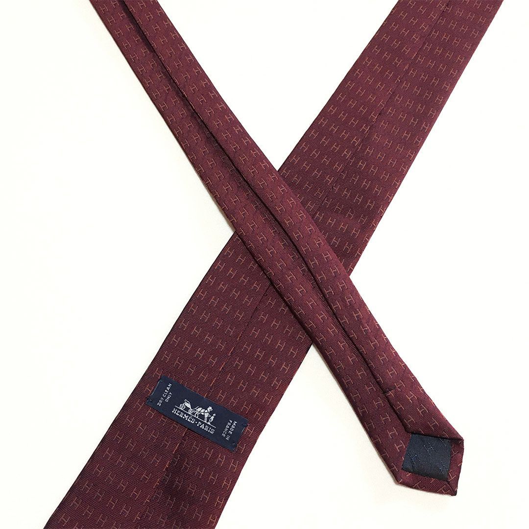 未使用級 エルメス HERMES ネクタイ シルク100% ワインレッド H柄 2512