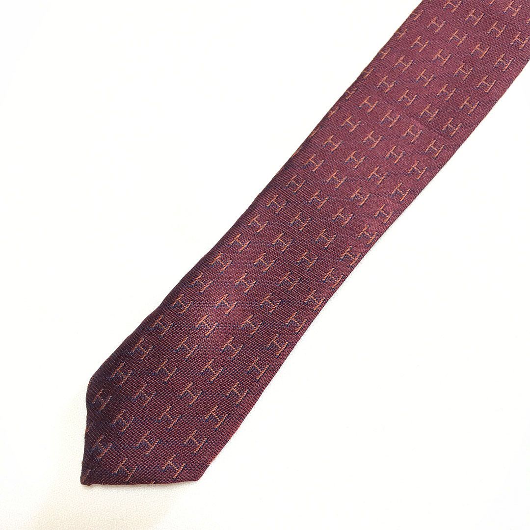 未使用級 エルメス HERMES ネクタイ シルク100% ワインレッド H柄 2512