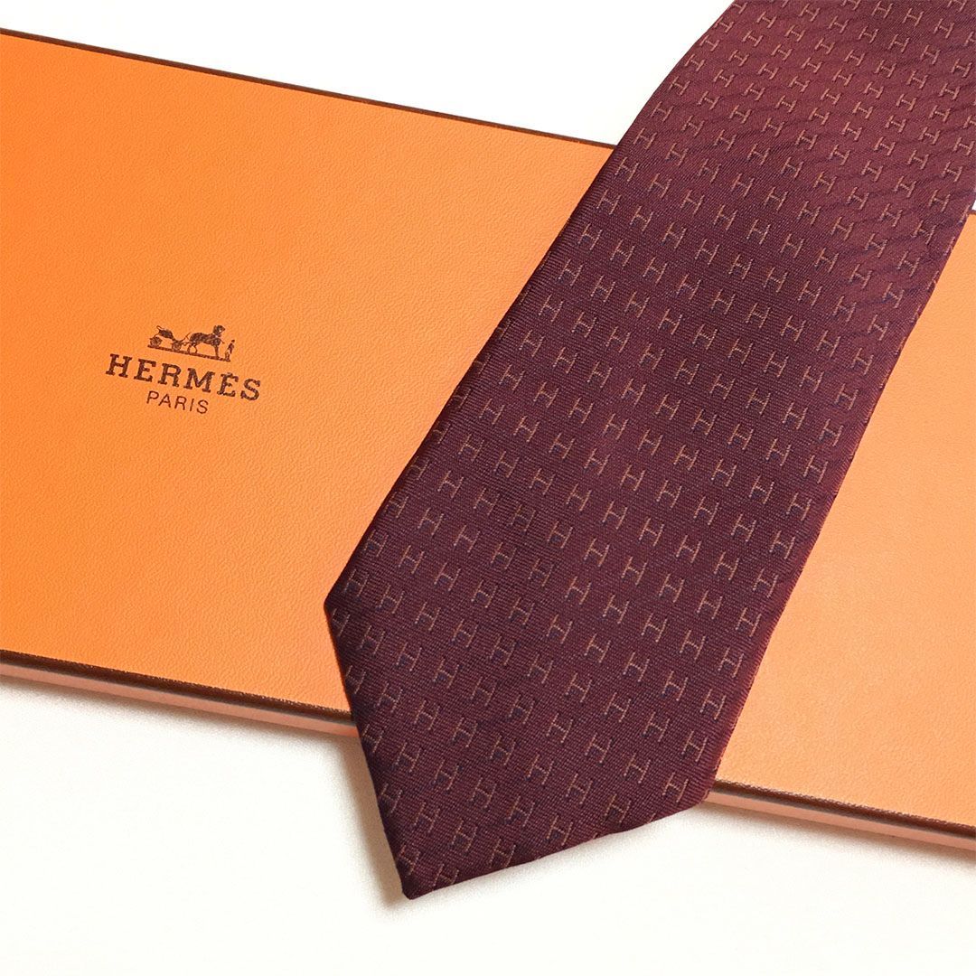 未使用級 エルメス HERMES ネクタイ シルク100% ワインレッド H柄 2512