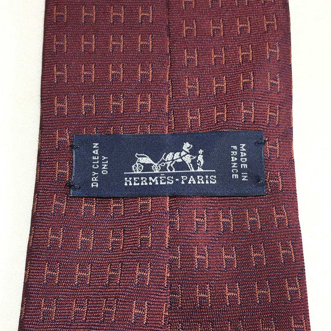 未使用級 エルメス HERMES ネクタイ シルク100% ワインレッド H柄 2512
