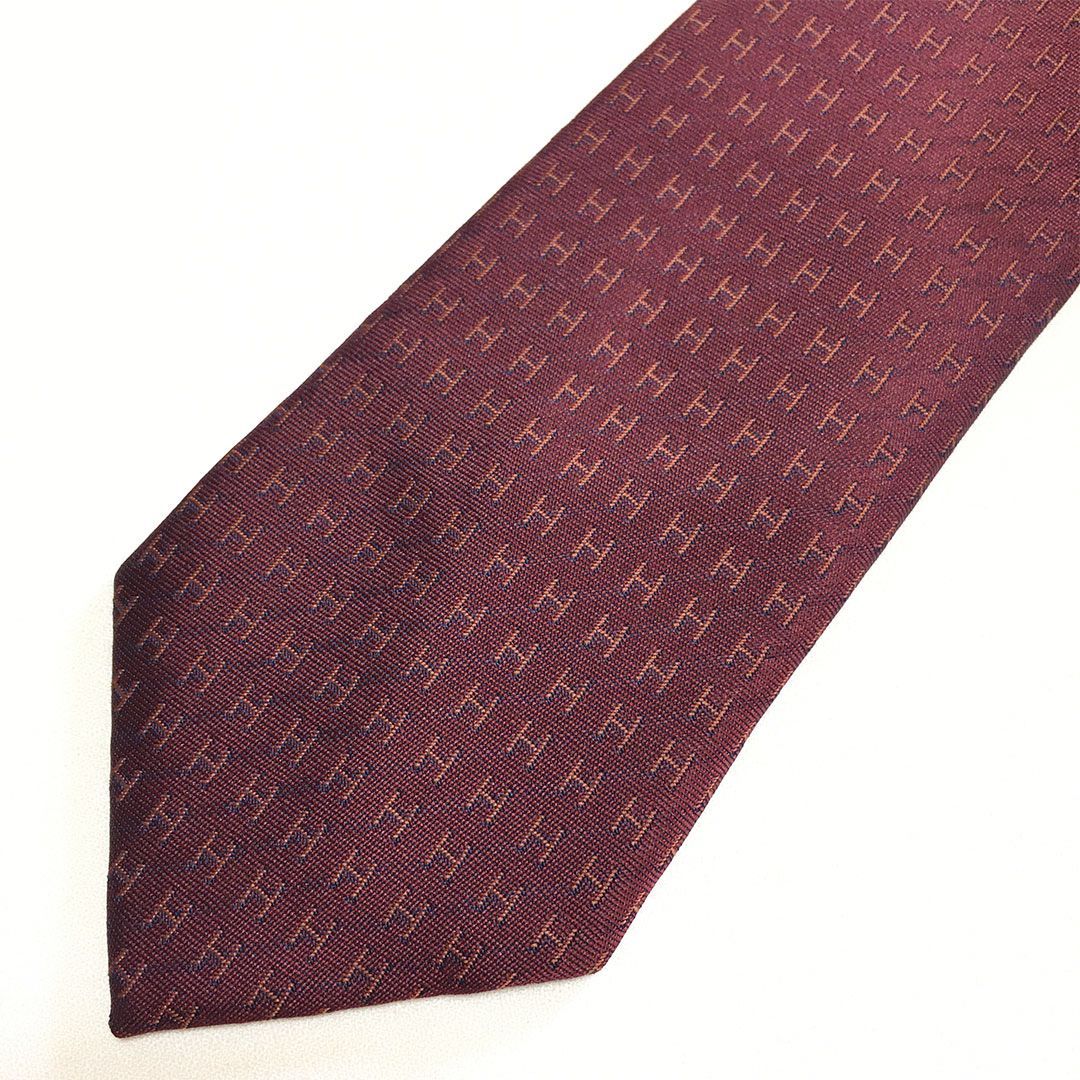 未使用級 エルメス HERMES ネクタイ シルク100% ワインレッド H柄 2512