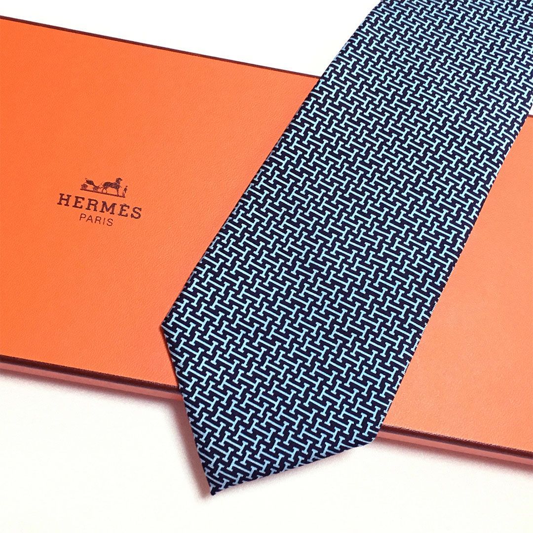 未使用級 エルメス HERMES ネクタイ シルク100% ネイビー / ライト