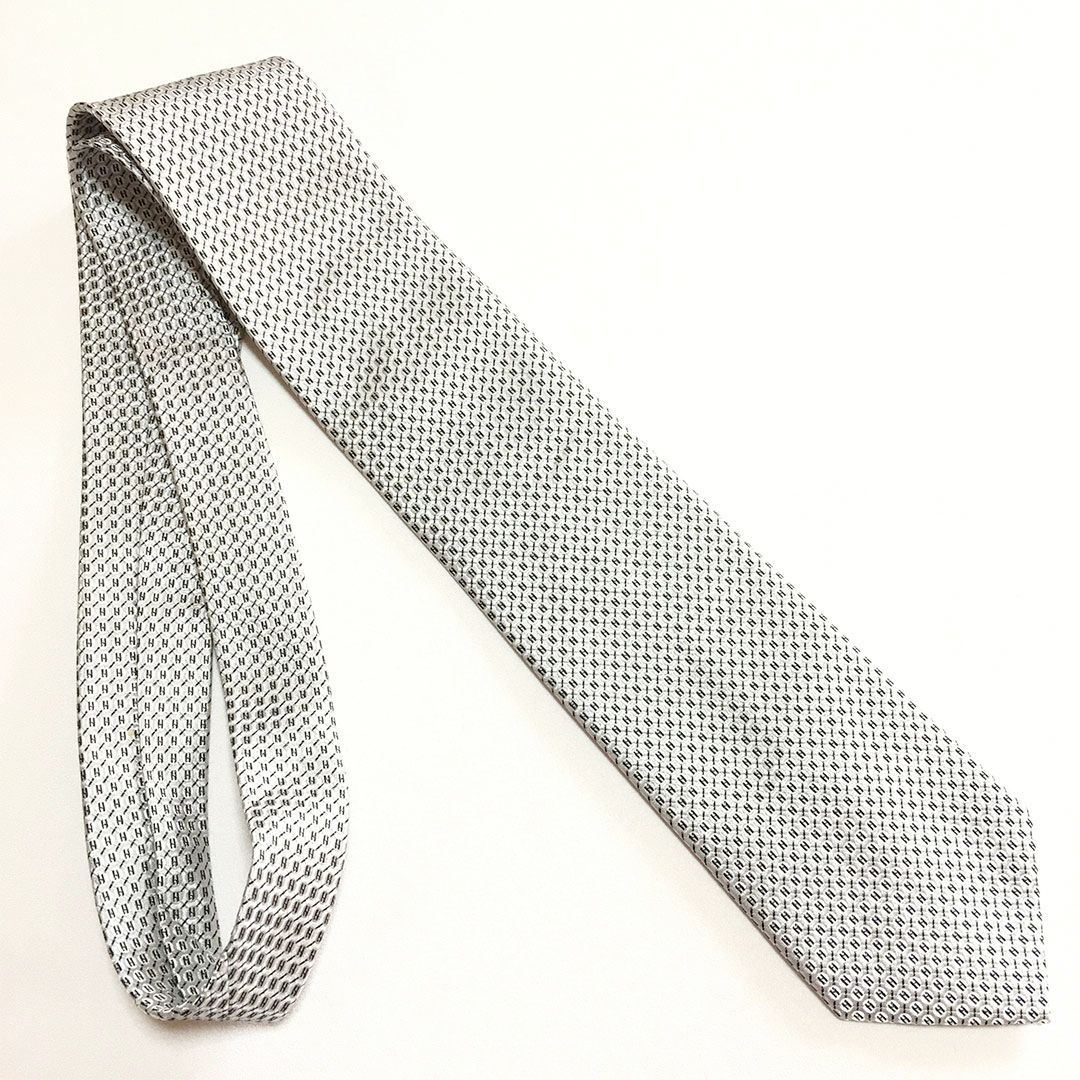 未使用級 エルメス HERMES ネクタイ シルク100% シルバーグレー H柄